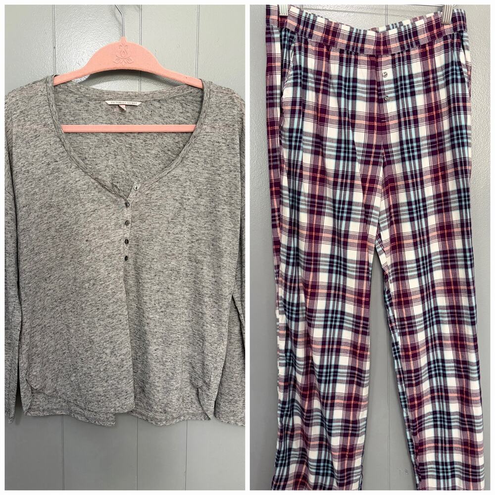 Victoria's Secret Gray Top Purple Plaid Pants Loungewear Pajama Set S Long